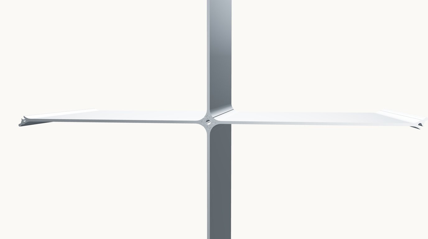 Fügungs-Querschnitt im Detail — zwei Montique-Profile greifen ineinander, 3D-Ansicht